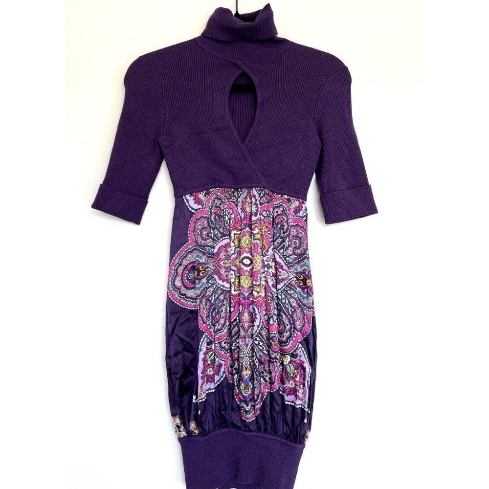 Purple Silk Floral Bebe Dress Turtleneck With Front Keyhole Crossover Size M